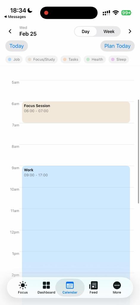 Ember calendar day view with color-coded focus blocks