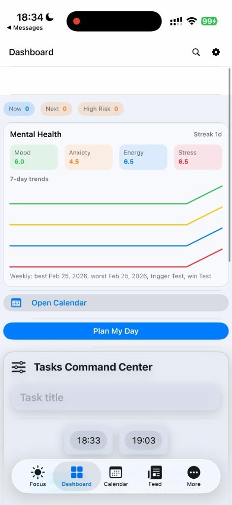 Ember dashboard with mental health metrics and task planning