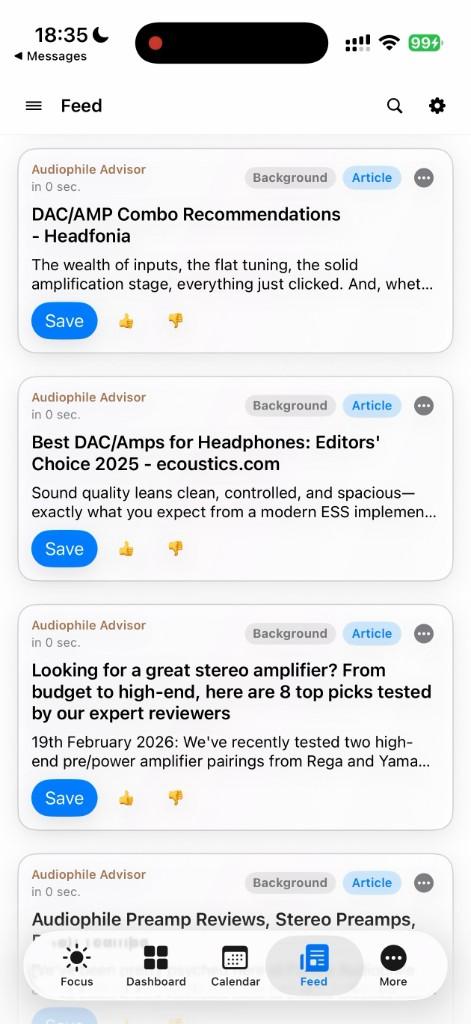 Ember feed with curated articles and save actions