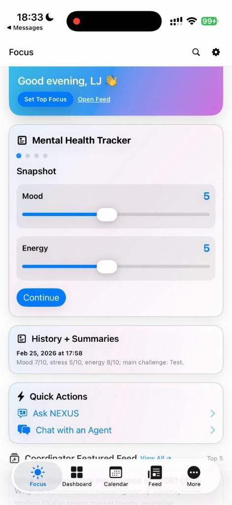 Ember Focus home with mental health tracker and quick actions