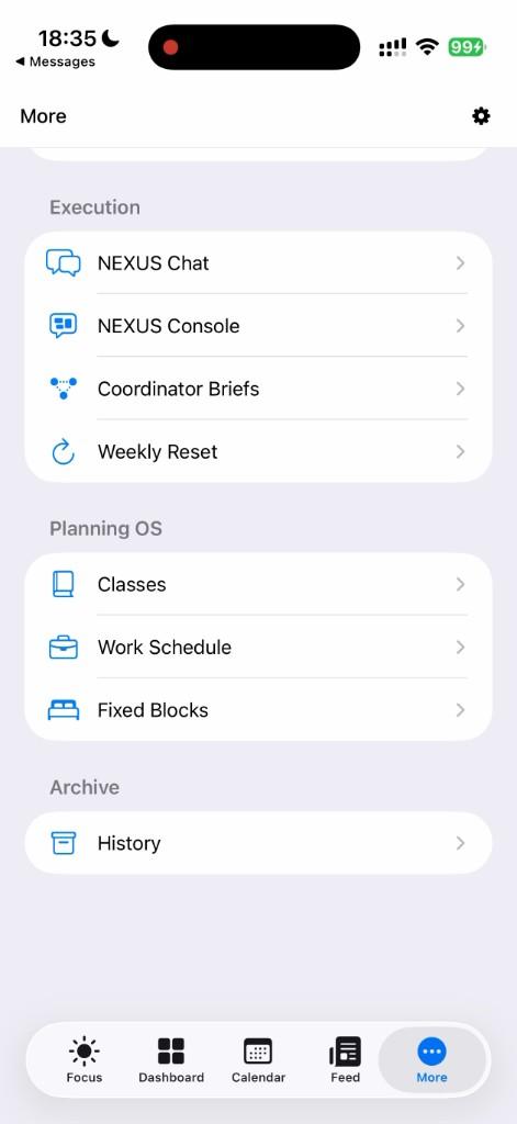 Ember more menu with NEXUS and planning tools