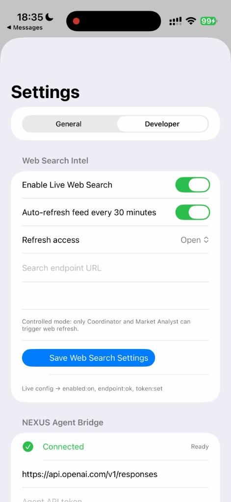 Ember developer settings for agents and web search