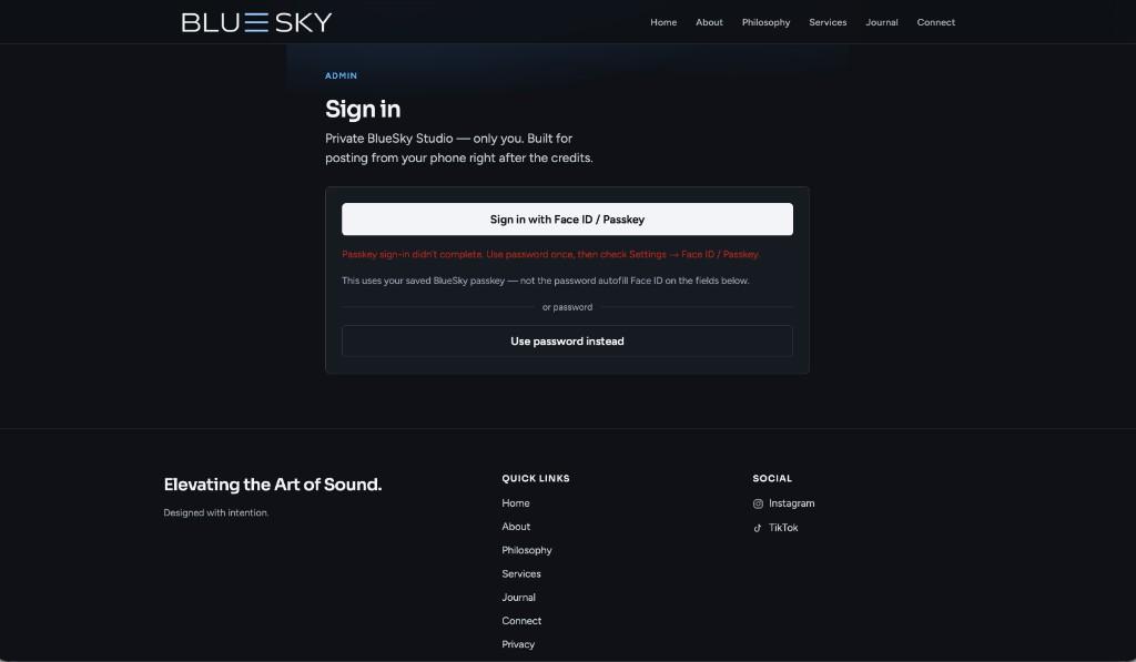 BlueSky Studio passkey and Face ID sign-in
