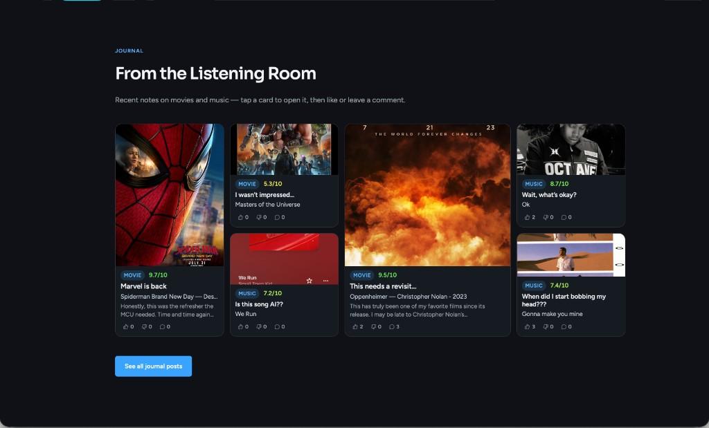 From the Listening Room journal grid on the homepage