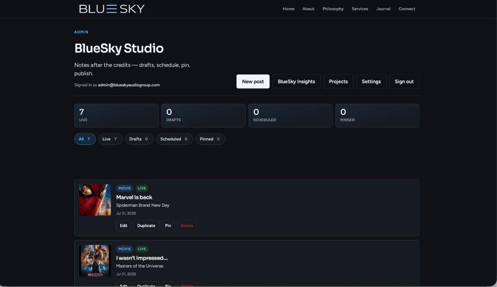 BlueSky Studio CMS for drafts, schedule, pin, and publish