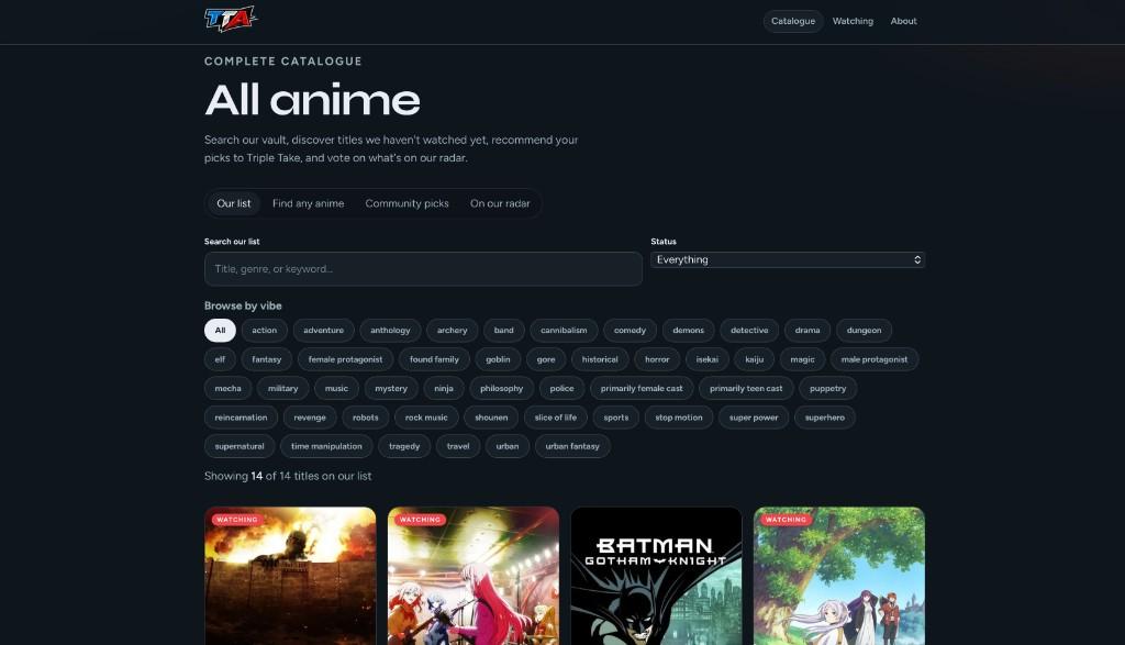 Triple Take anime catalogue with vibe filters